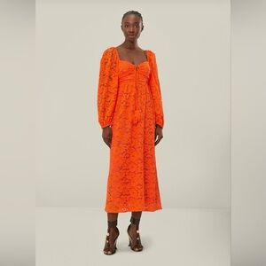 Farm Rio Orange Lace Long Sleeve Midi Dress